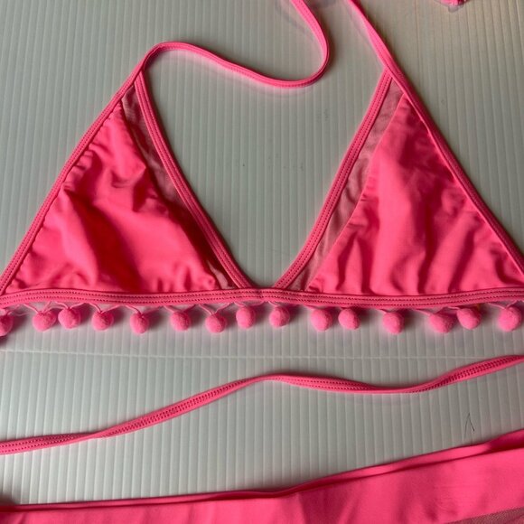 Revolve Tularosa Women's Hot Pink High Waist Pom Pom Mesh Nina Bikini Size L - Picture 5 of 11